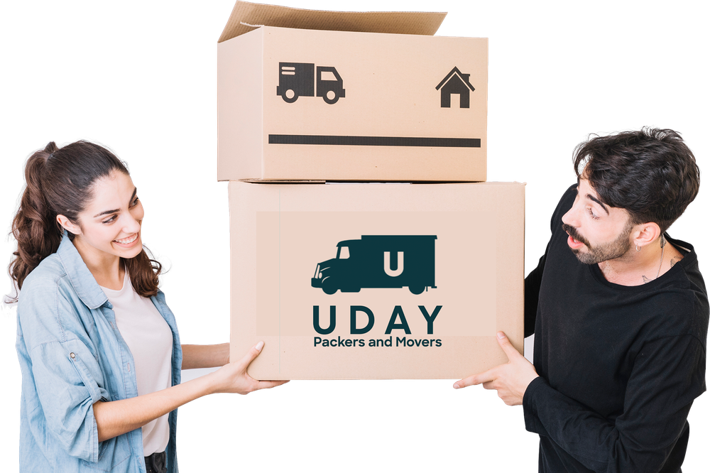 Uday Packers and Movers - Couple holding branded moving boxes